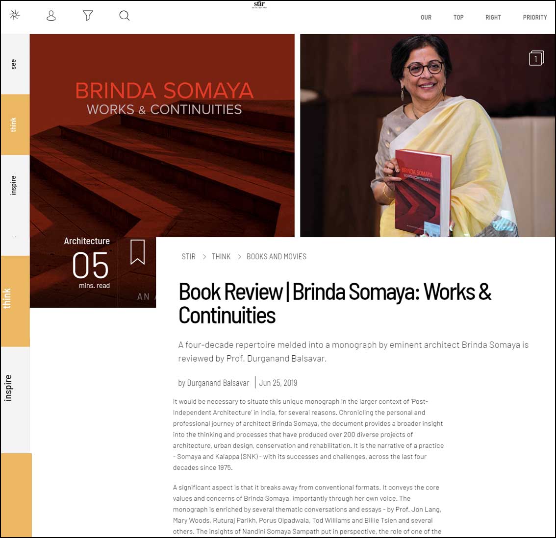 Book Review | Brinda Somaya: Works & Continuities, Stir world - June 2019